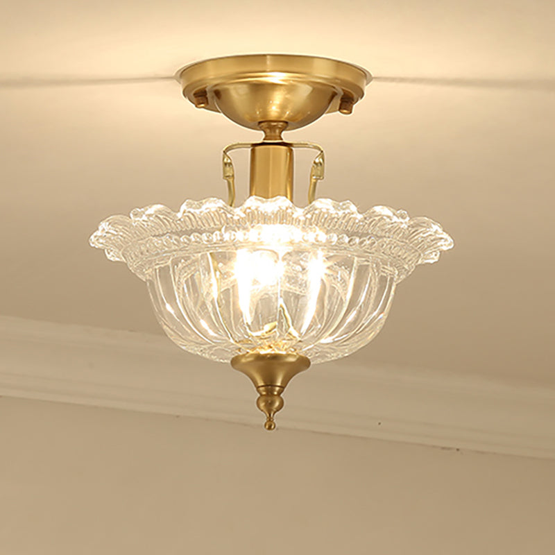 Flared Semi Flush Contemporary Ruffle Glass Shaded 1 Light Brass Ceiling Flush Mount Brass A Clearhalo 'Ceiling Lights' 'Close To Ceiling Lights' 'Close to ceiling' 'Semi-flushmount' Lighting' 251276