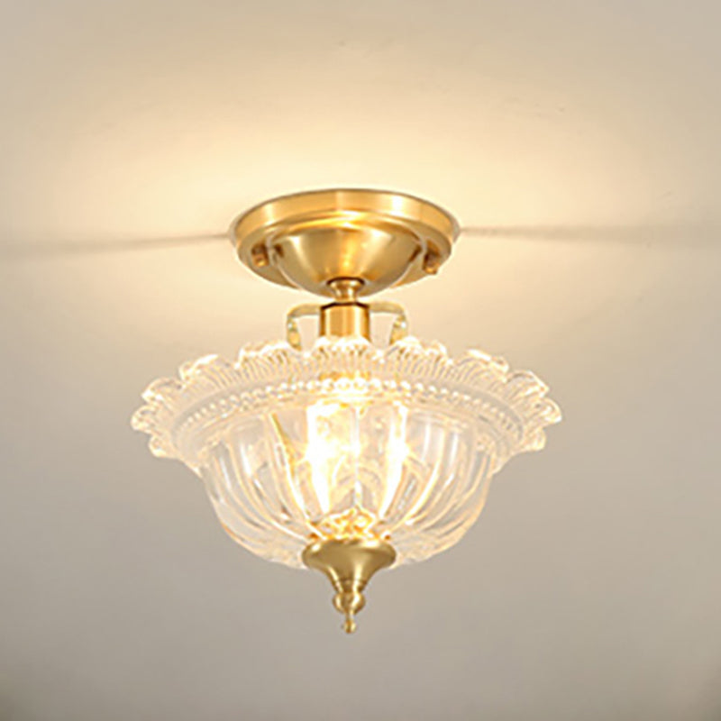 Flared Semi Flush Contemporary Ruffle Glass Shaded 1 Light Brass Ceiling Flush Mount Clearhalo 'Ceiling Lights' 'Close To Ceiling Lights' 'Close to ceiling' 'Semi-flushmount' Lighting' 251277