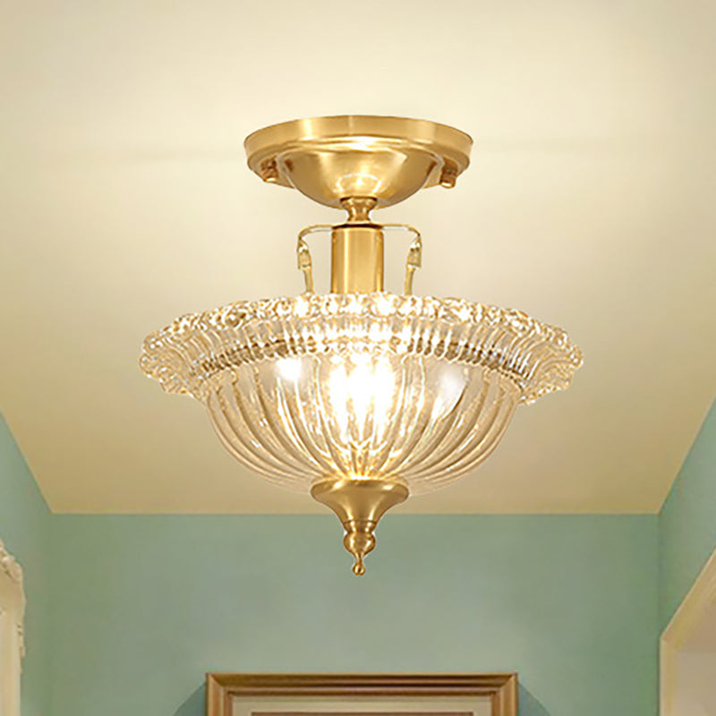 Flared Semi Flush Contemporary Ruffle Glass Shaded 1 Light Brass Ceiling Flush Mount Brass B Clearhalo 'Ceiling Lights' 'Close To Ceiling Lights' 'Close to ceiling' 'Semi-flushmount' Lighting' 251278