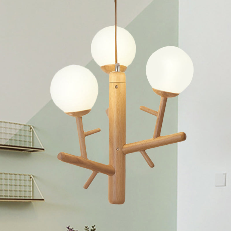 Nordic Modern Sphere Hanging Chandelier Wooden White Ceiling Pendant Light for Dining Room 3 Wood Clearhalo 'Ceiling Lights' 'Chandeliers' Lighting' options 251354_34b3535d-e2b4-4297-87b8-01bf096e1e0d