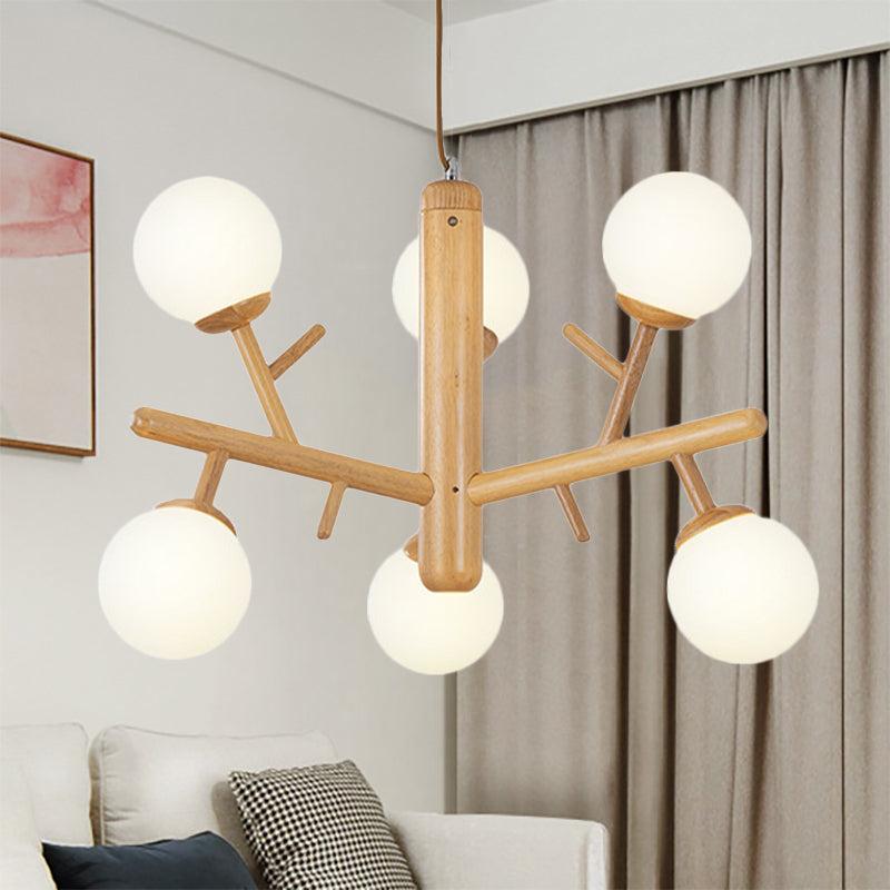 Nordic Modern Sphere Hanging Chandelier Wooden White Ceiling Pendant Light for Dining Room 6 Wood Clearhalo 'Ceiling Lights' 'Chandeliers' Lighting' options 251356_092cdee7-a657-4ae3-953e-6e8f758961a7