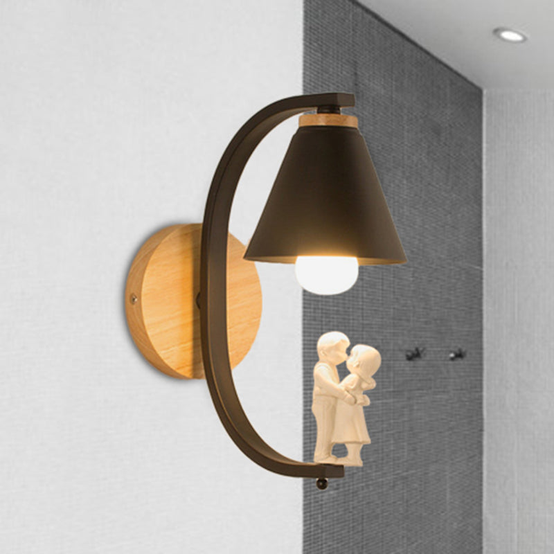 Romantic Cone Shade Wall Sconce with Couple Metal 1 Bulb Wall Light for Study Room Black Clearhalo 'Wall Lamps & Sconces' 'Wall Lights' Lighting' 251543