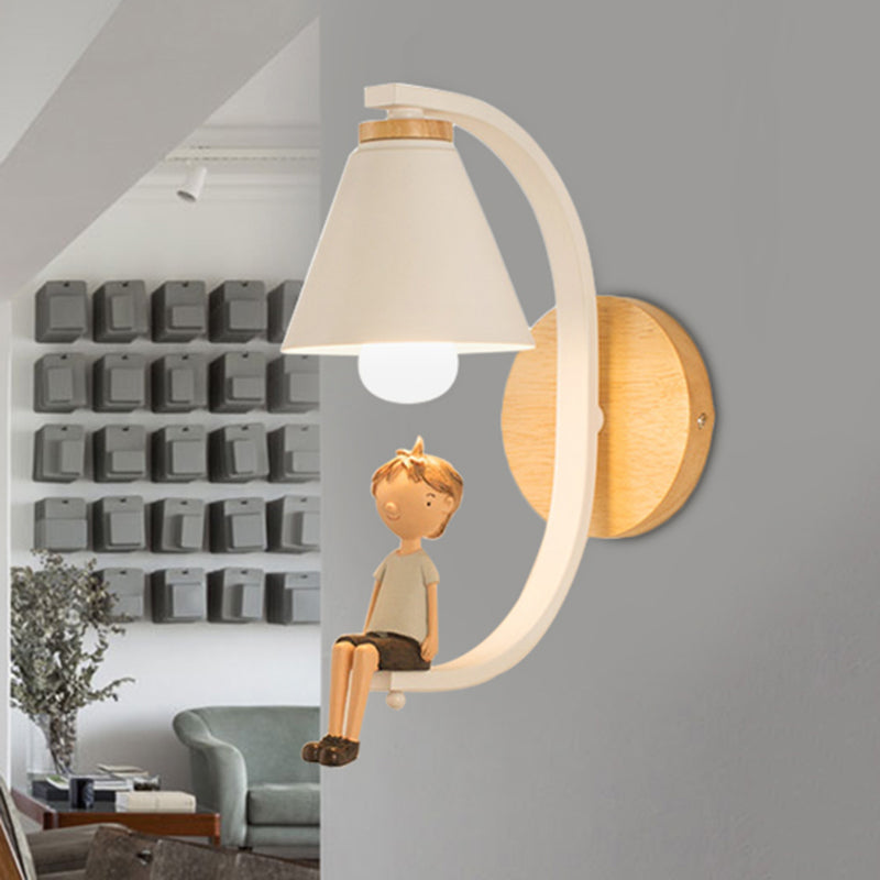 Cone Shade Sconce Light with Boy Deco 1 Head Metal Wall Lamp for Child Bedroom Foyer White Clearhalo 'Wall Lamps & Sconces' 'Wall Lights' Lighting' 251549