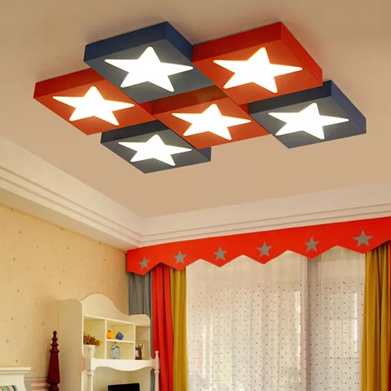 Metal Square Flush Ceiling Light with Star Modern Ceiling Lamp for Kid Bedroom Red Clearhalo 'Ceiling Lights' 'Close To Ceiling Lights' 'Close to ceiling' 'Flush mount' Lighting' 251574