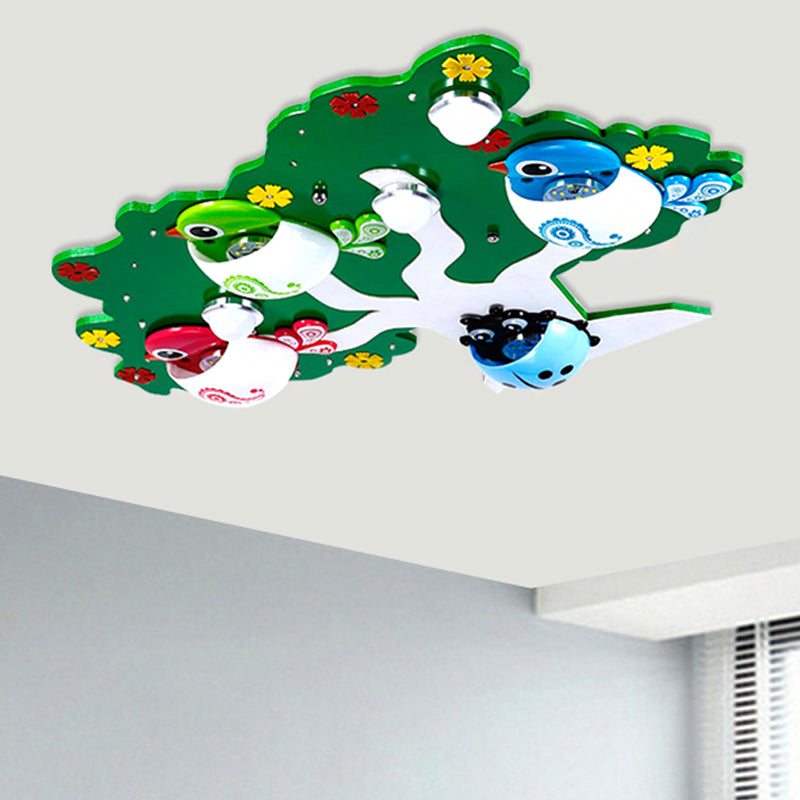 Lovely Tree Bird Ceiling Fixture Wood Flush Mount Light for Nursing Room Kindergarten Green Clearhalo 'Ceiling Lights' 'Close To Ceiling Lights' 'Close to ceiling' 'Flush mount' Lighting' 251611