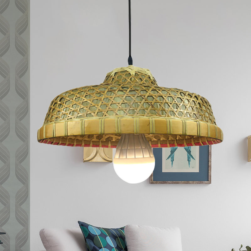 Single Light Hat-Shaped Hanging Lamp Rustic Bamboo Drop Light for Restaurant Beige Clearhalo 'Ceiling Lights' 'Pendant Lights' 'Pendants' Lighting' 251670_f06ef24b-62c1-417d-9b06-de5af9182309