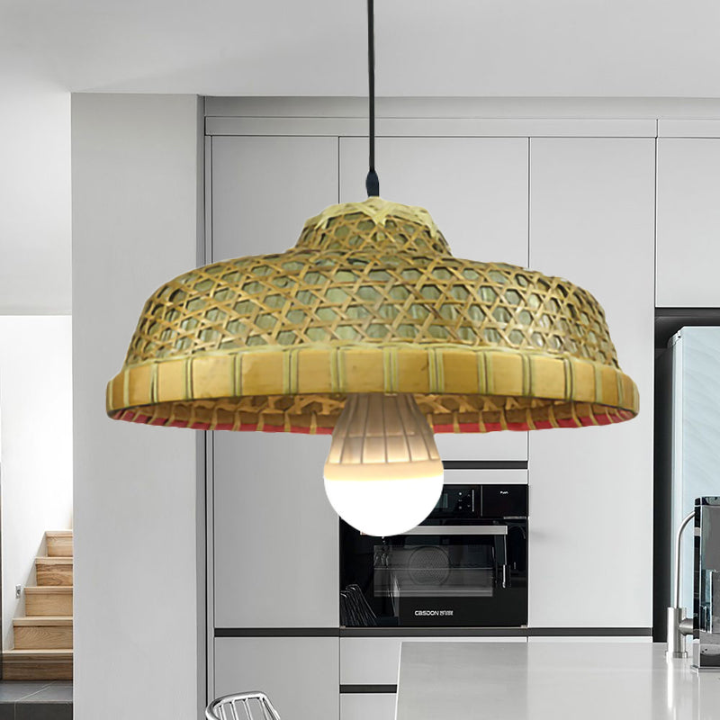 Single Light Hat-Shaped Hanging Lamp Rustic Bamboo Drop Light for Restaurant Clearhalo 'Ceiling Lights' 'Pendant Lights' 'Pendants' Lighting' 251671