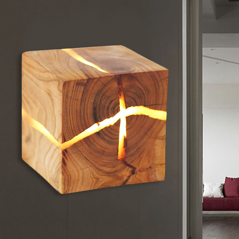 Rustic Style Cracked Cube Wall Light Wood Sconce Light for Kids Bedroom Nursing Room Dark Brown Clearhalo 'Wall Lamps & Sconces' 'Wall Lights' Lighting' 251765