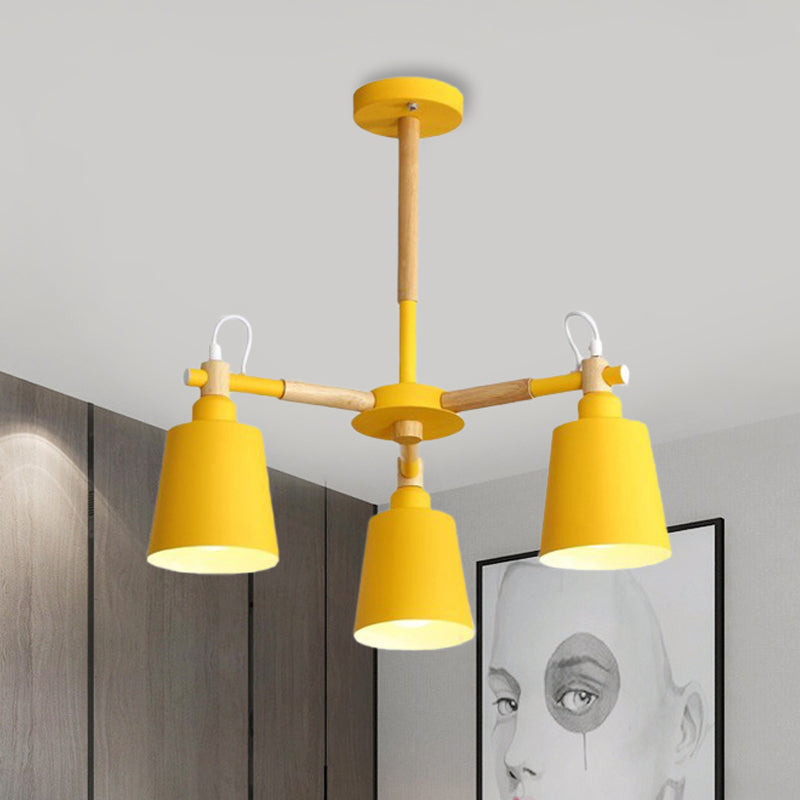 Macaroon Tapered Shade Hanging Ceiling Lamp Metal and Wood 3 Lights Hanging Pendant Fixture for Living Room Yellow Clearhalo 'Ceiling Lights' 'Chandeliers' Lighting' options 251835_128843e3-2e0e-4d0e-80f0-1eb85ce6c613