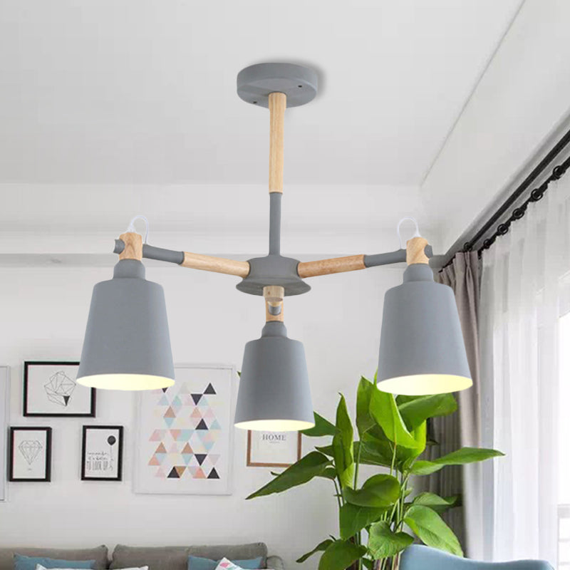 Macaroon Tapered Shade Hanging Ceiling Lamp Metal and Wood 3 Lights Hanging Pendant Fixture for Living Room Grey Clearhalo 'Ceiling Lights' 'Chandeliers' Lighting' options 251837_03ce8c76-1bdc-43a5-93e7-c78a6cf2408c