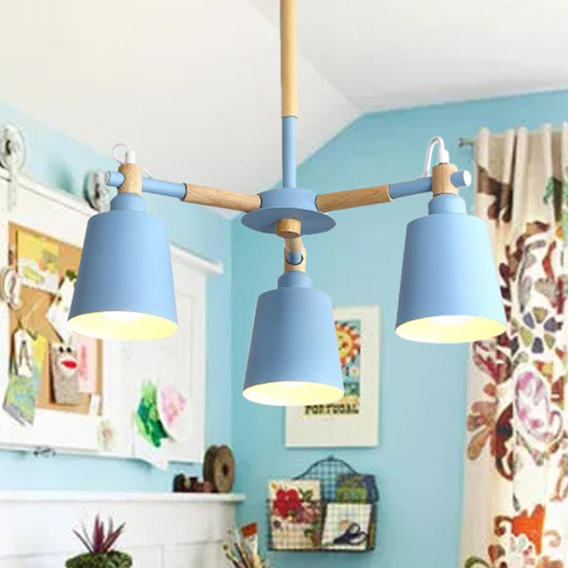 Macaroon Tapered Shade Hanging Ceiling Lamp Metal and Wood 3 Lights Hanging Pendant Fixture for Living Room Blue Clearhalo 'Ceiling Lights' 'Chandeliers' Lighting' options 251843_48f20b28-d9a5-42b5-89b8-6603fa6912e8