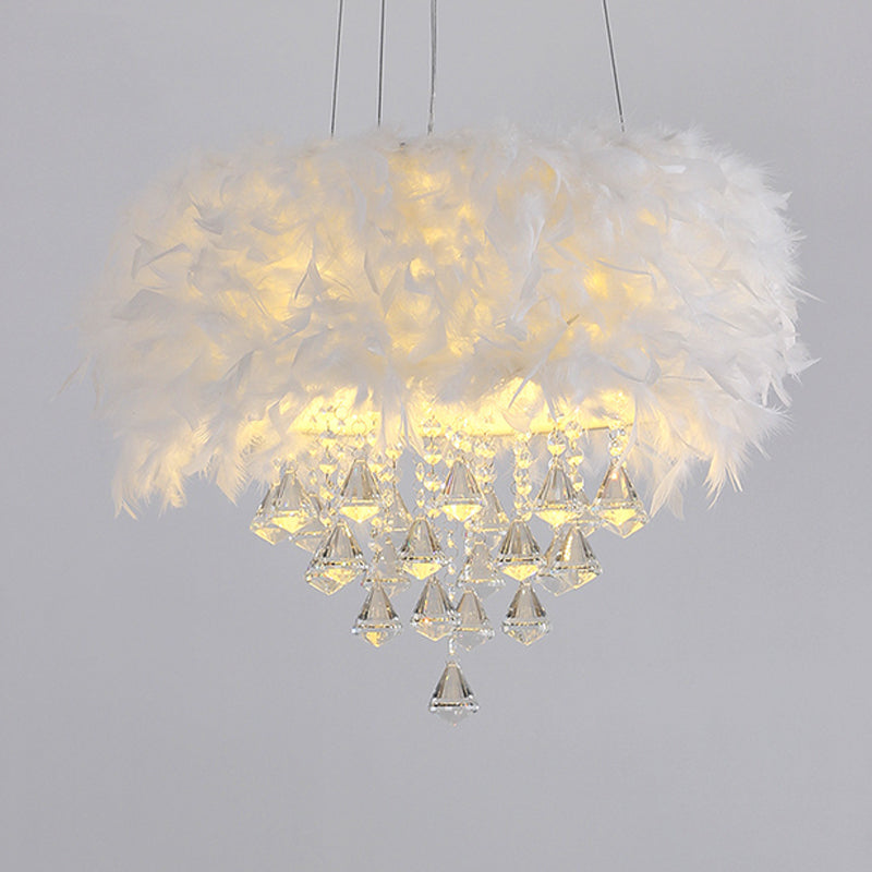 Drum Dining Room Hanging Light Feather Romantic Suspension Light with Crystal Deco in White White Clearhalo 'Ceiling Lights' 'Pendant Lights' 'Pendants' Lighting' 251964_c3664c4c-b33c-48c5-971e-b293c24cc487