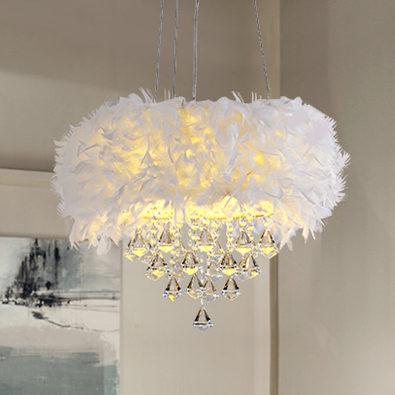 Drum Dining Room Hanging Light Feather Romantic Suspension Light with Crystal Deco in White Clearhalo 'Ceiling Lights' 'Pendant Lights' 'Pendants' Lighting' 251965
