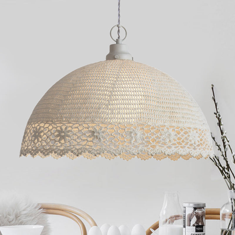 Modern Beige Pendant Light Hollow Dome 1 Bulb Fabric Ceiling Lamp for Cafe Clearhalo 'Ceiling Lights' 'Pendant Lights' 'Pendants' Lighting' 252030