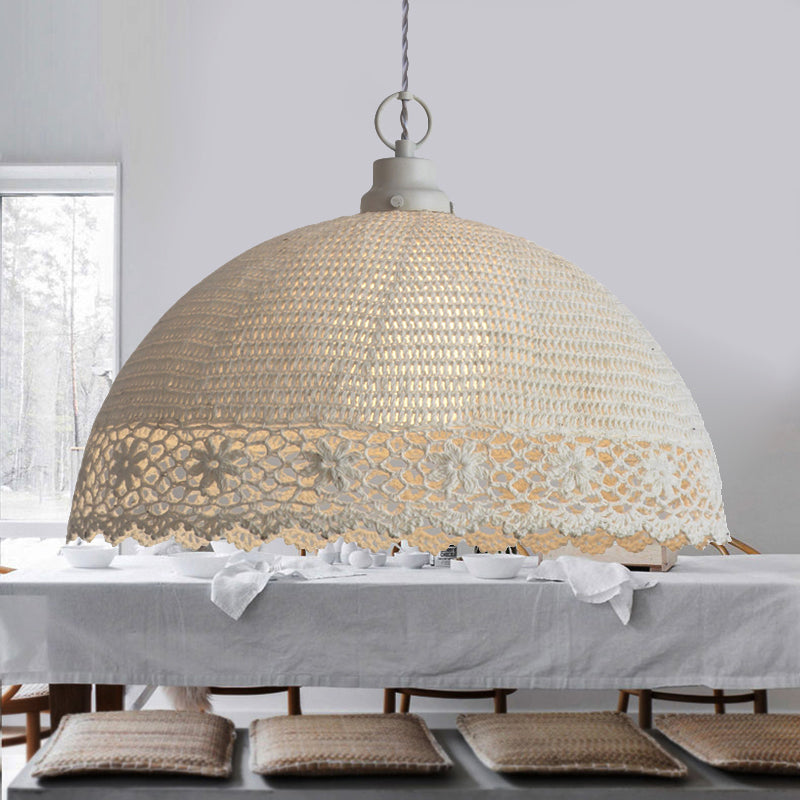 Modern Beige Pendant Light Hollow Dome 1 Bulb Fabric Ceiling Lamp for Cafe Clearhalo 'Ceiling Lights' 'Pendant Lights' 'Pendants' Lighting' 252031