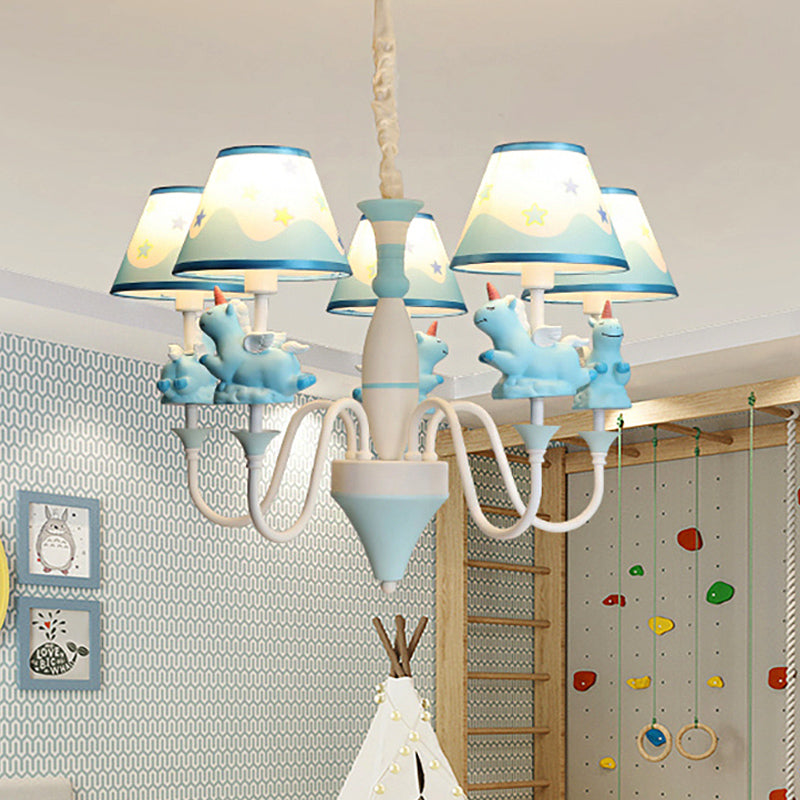 Bedroom Tapered Shade Hanging Lights Metal 5 Lights Cartoon Unicorn Chandelier in Blue/Gold/Pink Blue Clearhalo 'Ceiling Lights' 'Chandeliers' Lighting' options 252082_838f7037-9cc7-40b6-bb2f-db8d931291f1
