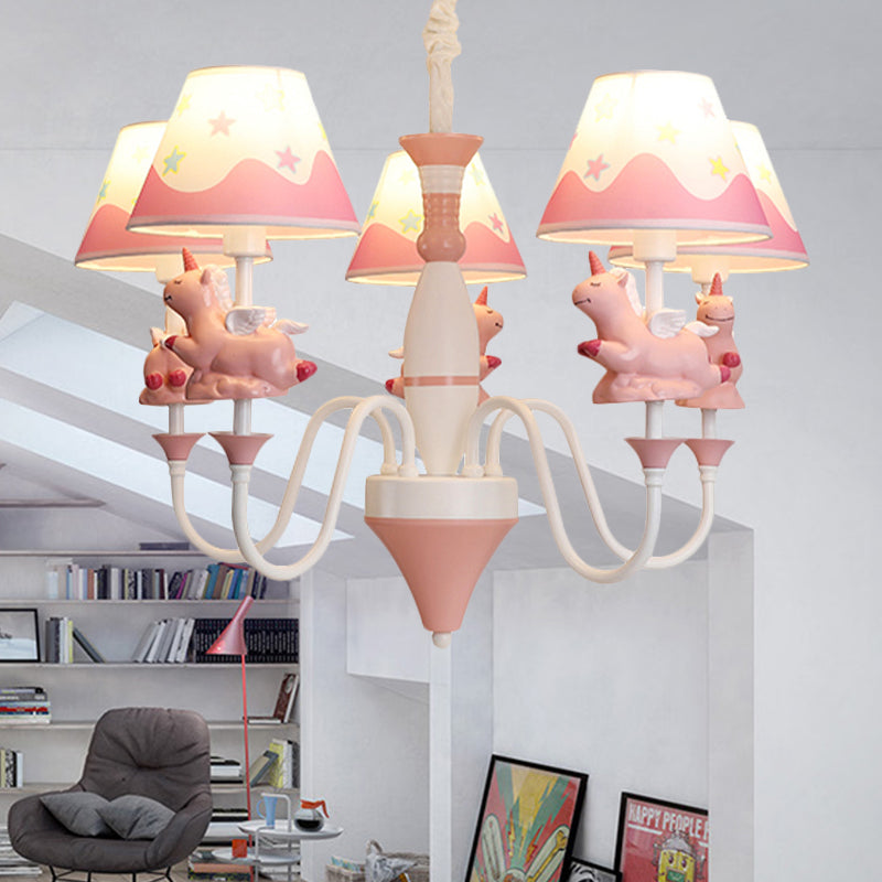 Bedroom Tapered Shade Hanging Lights Metal 5 Lights Cartoon Unicorn Chandelier in Blue/Gold/Pink Clearhalo 'Ceiling Lights' 'Chandeliers' Lighting' options 252084