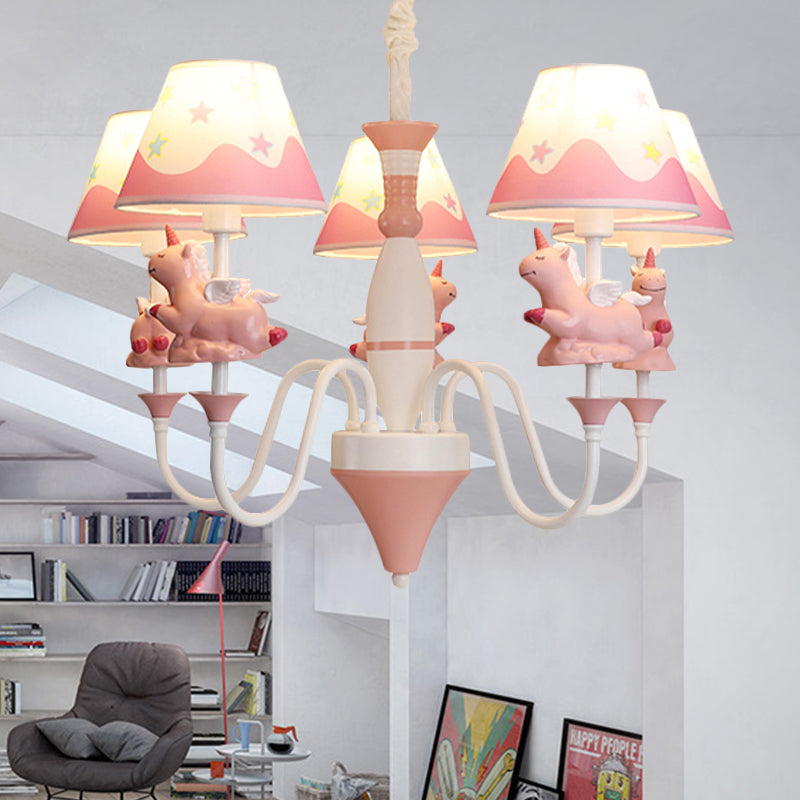 Bedroom Tapered Shade Hanging Lights Metal 5 Lights Cartoon Unicorn Chandelier in Blue/Gold/Pink Pink Clearhalo 'Ceiling Lights' 'Chandeliers' Lighting' options 252084_179fc7d2-593e-4b97-a321-7d85eb5ae8dc