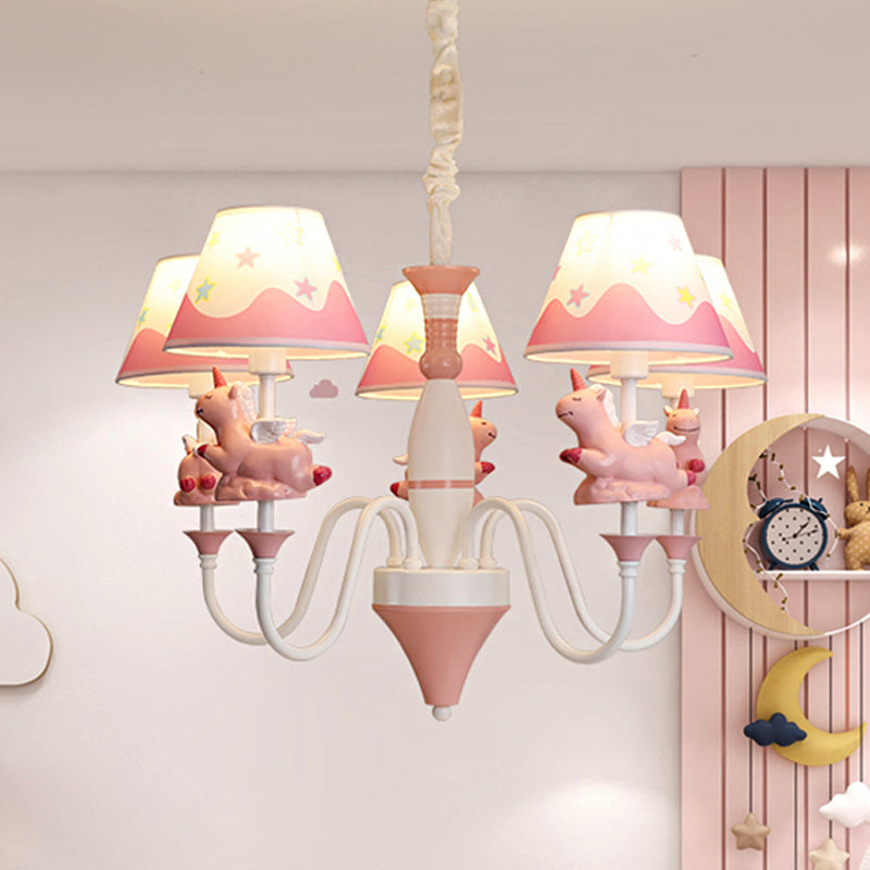 Bedroom Tapered Shade Hanging Lights Metal 5 Lights Cartoon Unicorn Chandelier in Blue/Gold/Pink Clearhalo 'Ceiling Lights' 'Chandeliers' Lighting' options 252085