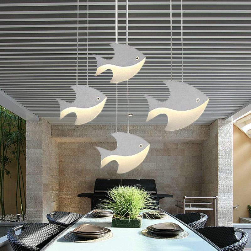 Metal Pendant Light White, Linear Hanging Fixture with Cord And Fish Design  for Kids Bedroom Modern Style - Clearhalo