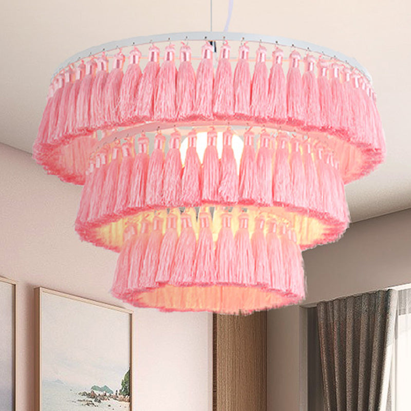 Modern Style Pendant Light with Tassel Single Light Fabric Ceiling Pendant for Girl Bedroom Clearhalo 'Ceiling Lights' 'Pendant Lights' 'Pendants' Lighting' 252113