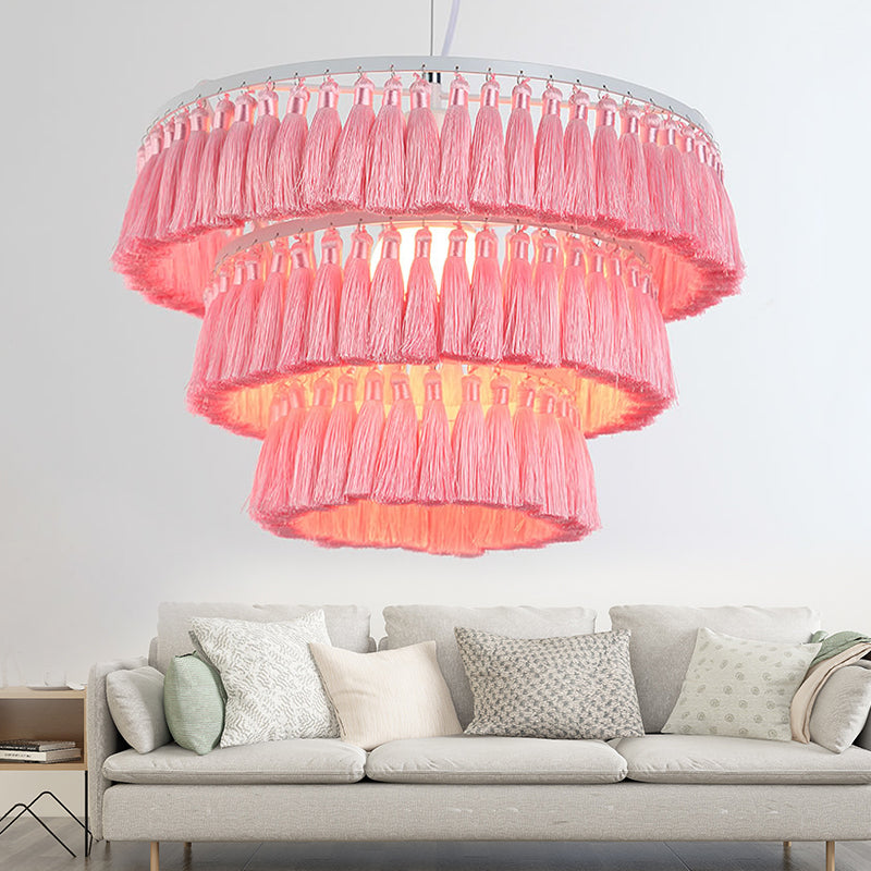 Modern Style Pendant Light with Tassel Single Light Fabric Ceiling Pendant for Girl Bedroom Clearhalo 'Ceiling Lights' 'Pendant Lights' 'Pendants' Lighting' 252114