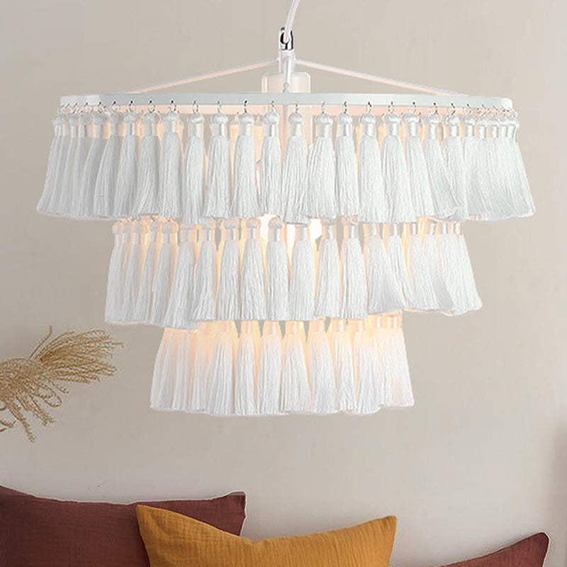 Modern Style Pendant Light with Tassel Single Light Fabric Ceiling Pendant for Girl Bedroom White Clearhalo 'Ceiling Lights' 'Pendant Lights' 'Pendants' Lighting' 252115_bf73e09a-390c-4002-8f2d-28402cd79ac9