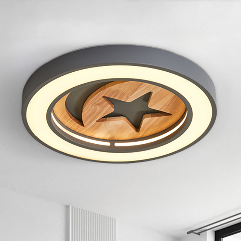 Baby Room Circular Flushmount Light with Star & Moon Wooden Nordic LED Ceiling Light Grey Clearhalo 'Ceiling Lights' 'Close To Ceiling Lights' 'Close to ceiling' 'Flush mount' Lighting' 252153