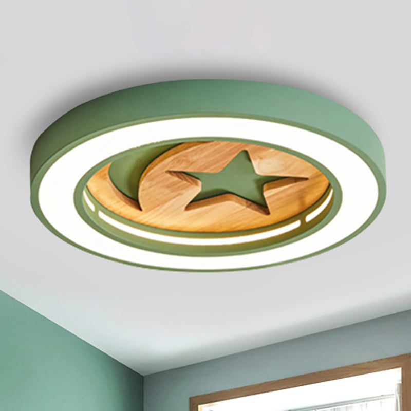 Baby Room Circular Flushmount Light with Star & Moon Wooden Nordic LED Ceiling Light Green Clearhalo 'Ceiling Lights' 'Close To Ceiling Lights' 'Close to ceiling' 'Flush mount' Lighting' 252158