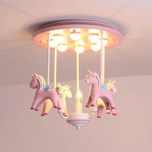 Merry-go-Round Kindergarten Semi Flush Ceiling Light Resin Kids Ceiling Lamp in Pink Finish Pink Clearhalo 'Ceiling Lights' 'Close To Ceiling Lights' 'Close to ceiling' 'Flush mount' Lighting' 252271