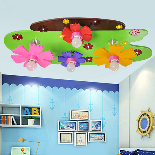 Colorful Flower Ceiling Light Four Heads Cartoon Wood Flush Mount Light for Girls Bedroom Green Clearhalo 'Ceiling Lights' 'Close To Ceiling Lights' 'Close to ceiling' 'Flush mount' Lighting' 252277