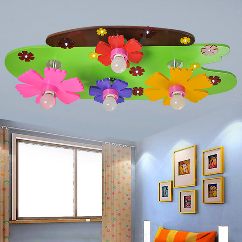 Colorful Flower Ceiling Light Four Heads Cartoon Wood Flush Mount Light for Girls Bedroom Clearhalo 'Ceiling Lights' 'Close To Ceiling Lights' 'Close to ceiling' 'Flush mount' Lighting' 252278