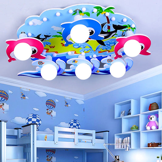 Blue Beach Ceiling Lamp 6 Lights Cartoon Wood Ceiling Mount Light with Dolphin for Kindergarten Blue Clearhalo 'Ceiling Lights' 'Close To Ceiling Lights' 'Close to ceiling' 'Flush mount' Lighting' 252308