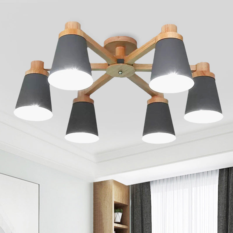 Office Hotel Bucket Ceiling Fixture Metal & Wood Contemporary Gray Semi Ceiling Mount Light 6 Grey Clearhalo 'Ceiling Lights' 'Chandeliers' Lighting' options 252320_8b5d13c8-9b76-432e-9b23-5f7dc31e63e7