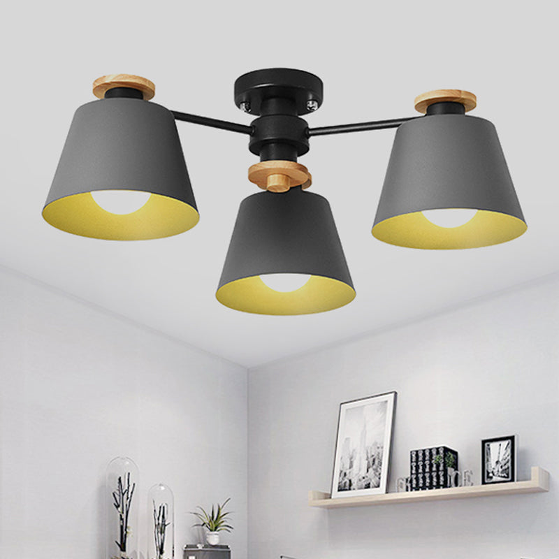 Metal Bucket Semi Flush Ceiling Light Adult Bedroom Three Bulbs Macaron Ceiling Fixture Grey Clearhalo 'Ceiling Lights' 'Chandeliers' Lighting' options 252329_87876359-f8be-4e64-a219-7d4b71745bdd