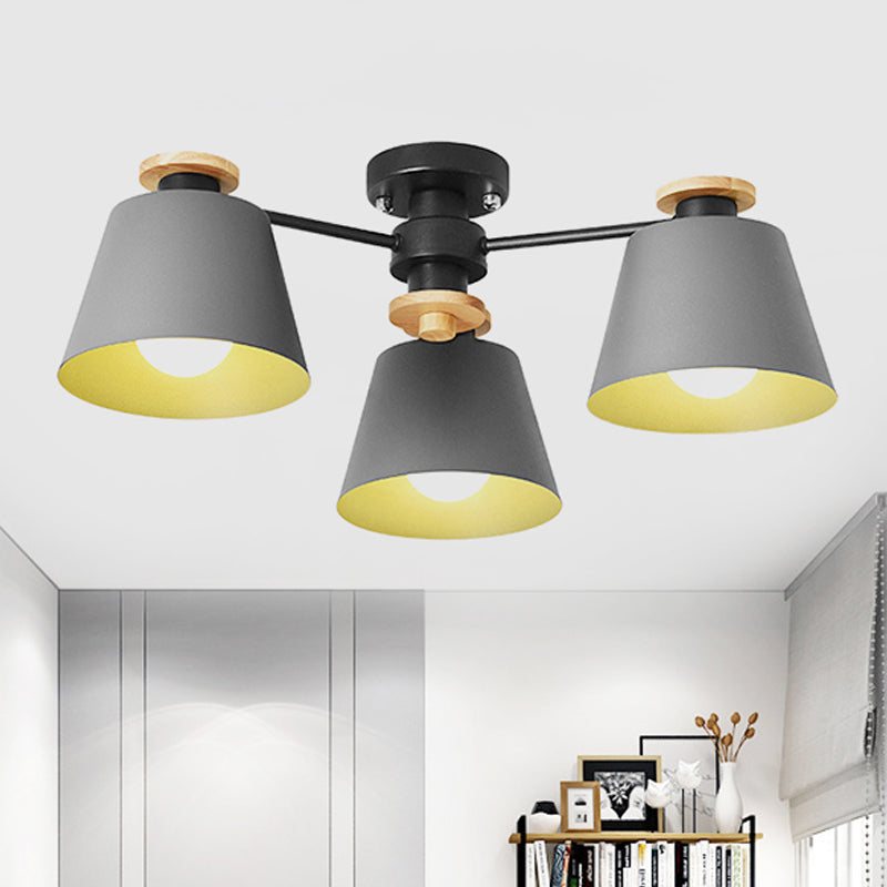 Metal Bucket Semi Flush Ceiling Light Adult Bedroom Three Bulbs Macaron Ceiling Fixture Clearhalo 'Ceiling Lights' 'Chandeliers' Lighting' options 252330