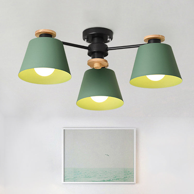 Metal Bucket Semi Flush Ceiling Light Adult Bedroom Three Bulbs Macaron Ceiling Fixture Green Clearhalo 'Ceiling Lights' 'Chandeliers' Lighting' options 252331_365bf579-50af-49db-92d2-d05a00ffc801