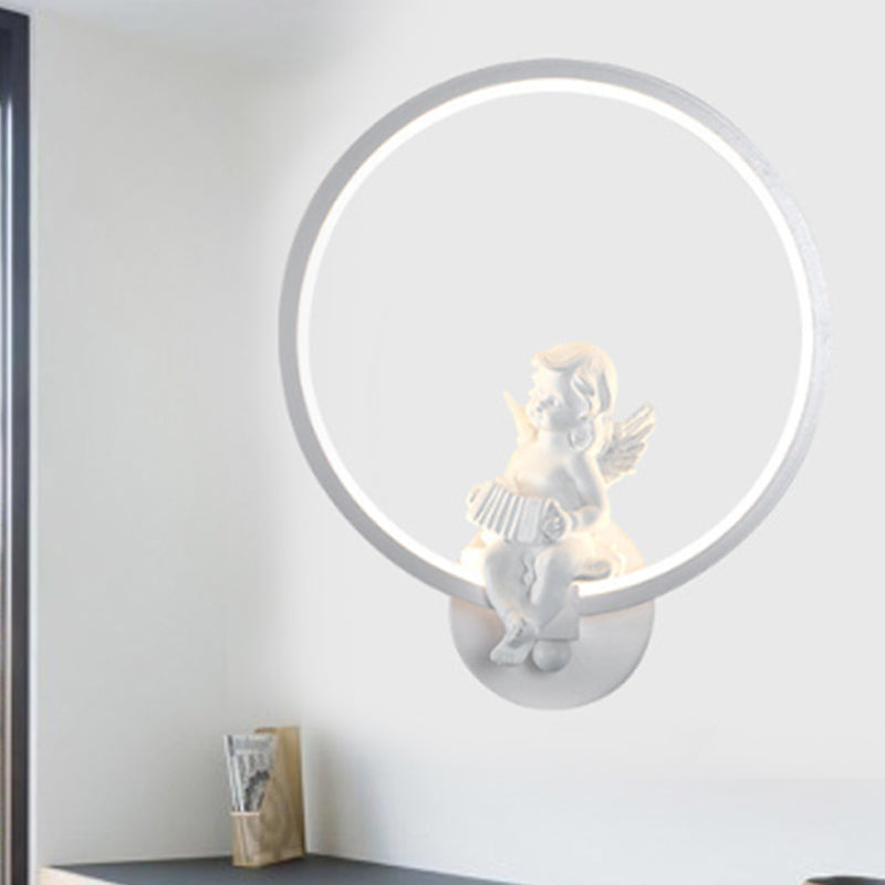 Art Ring Sconce Light with Little Angel Metal Resin Wall Lamp for Bedroom Mirror Bathroom White Left Clearhalo 'Wall Lamps & Sconces' 'Wall Lights' Lighting' 252421