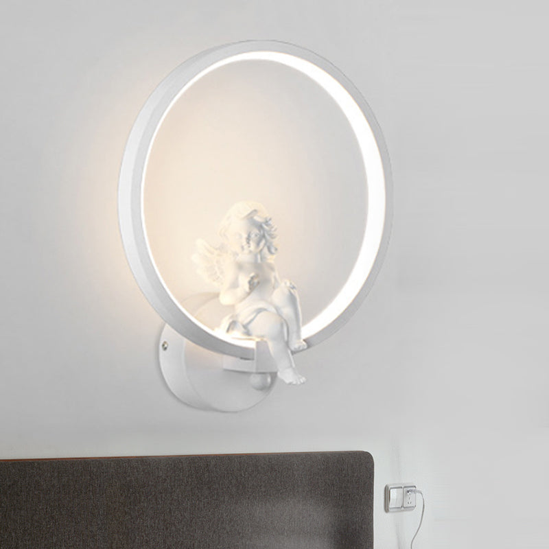 Art Ring Sconce Light with Little Angel Metal Resin Wall Lamp for Bedroom Mirror Bathroom White Right Clearhalo 'Wall Lamps & Sconces' 'Wall Lights' Lighting' 252423