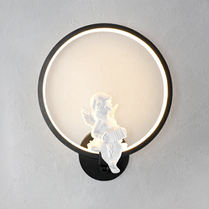 Art Ring Sconce Light with Little Angel Metal Resin Wall Lamp for Bedroom Mirror Bathroom Black Left Clearhalo 'Wall Lamps & Sconces' 'Wall Lights' Lighting' 252425