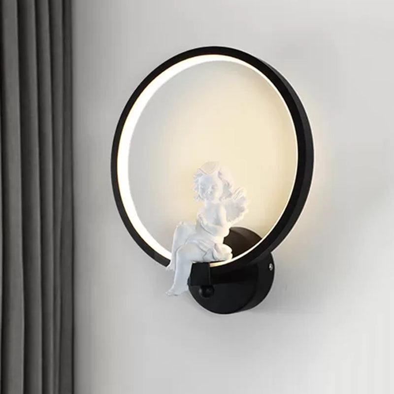 Art Ring Sconce Light with Little Angel Metal Resin Wall Lamp for Bedroom Mirror Bathroom Black Right Clearhalo 'Wall Lamps & Sconces' 'Wall Lights' Lighting' 252427