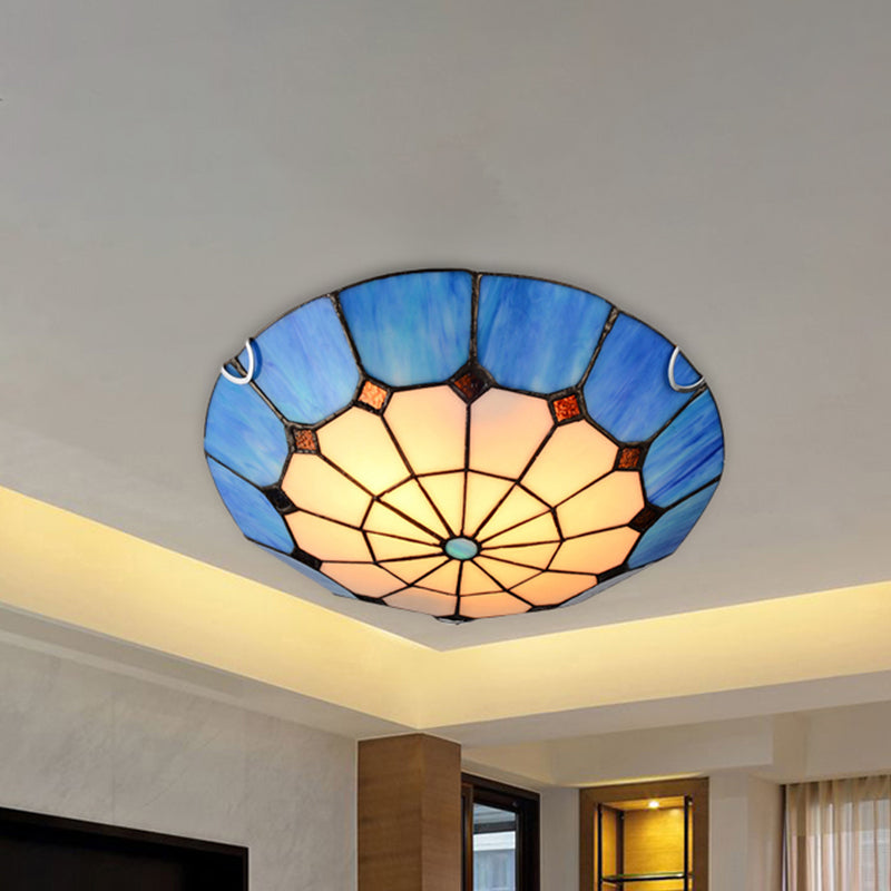 12"/16" Wide Art Glass Grid Bowl Ceiling Mount Light Tiffany Antique Ceiling Lamp in Blue/Orange/Yellow for Bedroom Blue 12" Clearhalo 'Ceiling Lights' 'Close To Ceiling Lights' 'Close to ceiling' 'Flush mount' Lighting' 252431