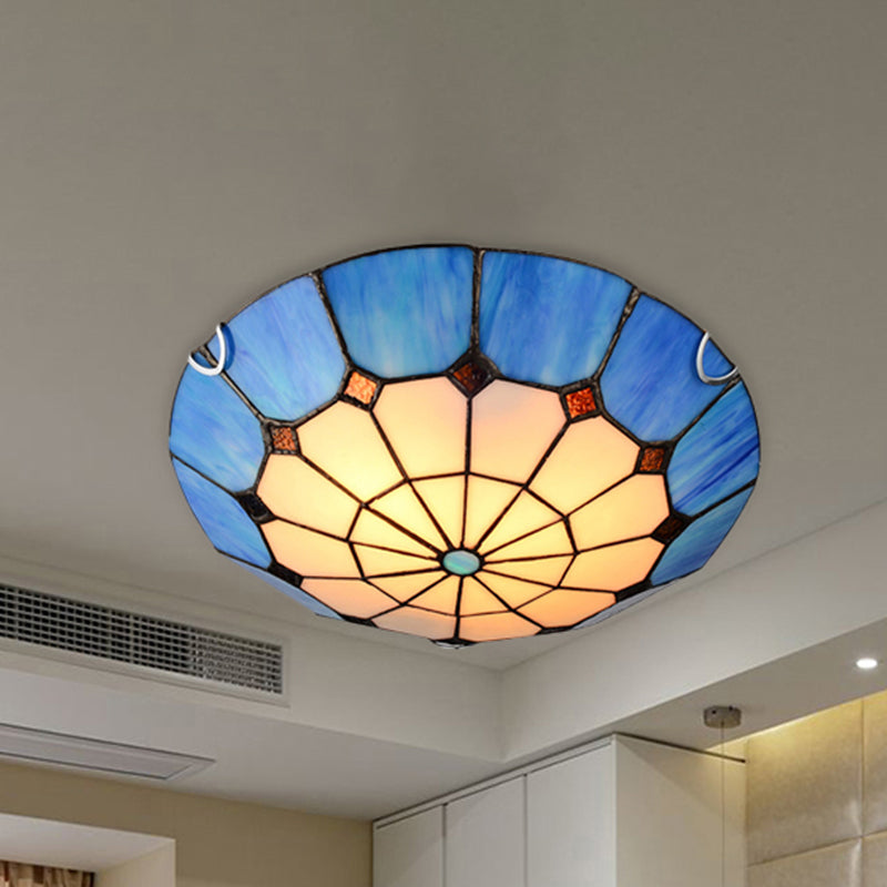 12"/16" Wide Art Glass Grid Bowl Ceiling Mount Light Tiffany Antique Ceiling Lamp in Blue/Orange/Yellow for Bedroom Clearhalo 'Ceiling Lights' 'Close To Ceiling Lights' 'Close to ceiling' 'Flush mount' Lighting' 252432