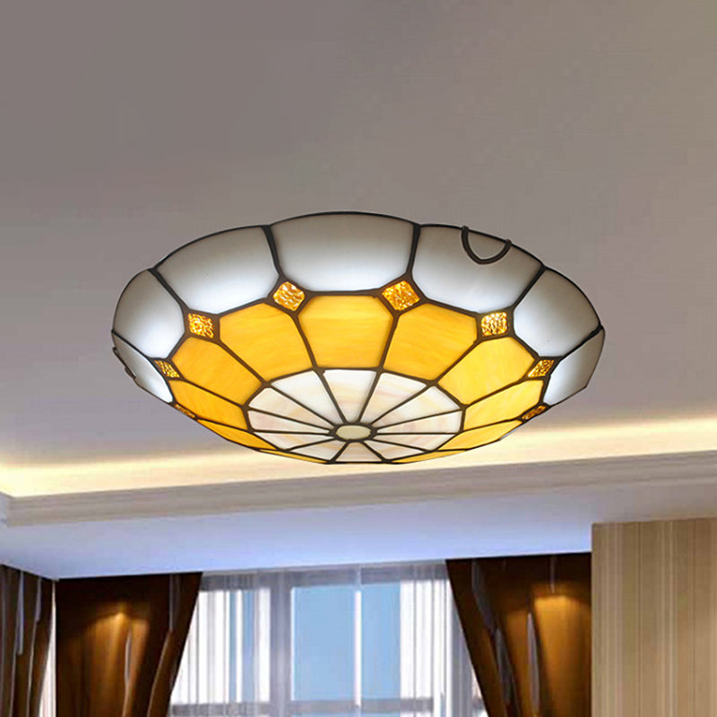 12"/16" Wide Art Glass Grid Bowl Ceiling Mount Light Tiffany Antique Ceiling Lamp in Blue/Orange/Yellow for Bedroom Orange 12" Clearhalo 'Ceiling Lights' 'Close To Ceiling Lights' 'Close to ceiling' 'Flush mount' Lighting' 252433