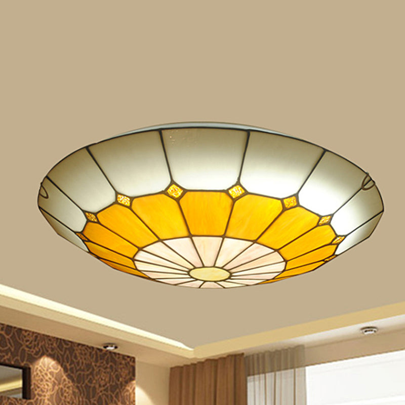 12"/16" Wide Art Glass Grid Bowl Ceiling Mount Light Tiffany Antique Ceiling Lamp in Blue/Orange/Yellow for Bedroom Orange 16" Clearhalo 'Ceiling Lights' 'Close To Ceiling Lights' 'Close to ceiling' 'Flush mount' Lighting' 252434