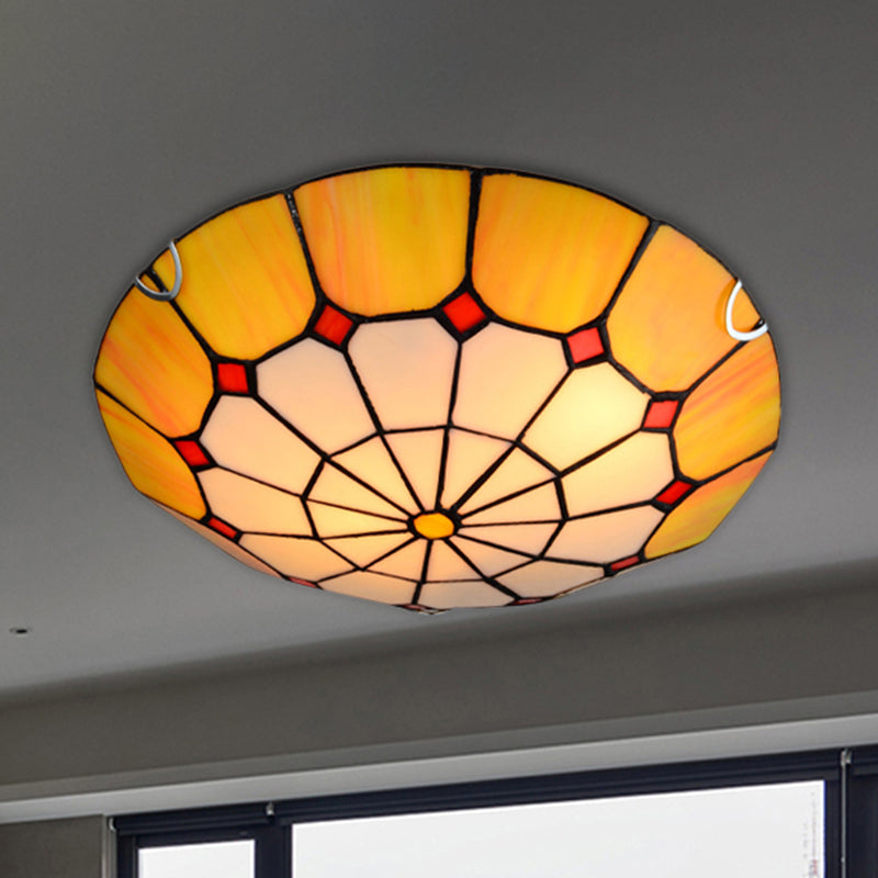 12"/16" Wide Art Glass Grid Bowl Ceiling Mount Light Tiffany Antique Ceiling Lamp in Blue/Orange/Yellow for Bedroom Yellow 12" Clearhalo 'Ceiling Lights' 'Close To Ceiling Lights' 'Close to ceiling' 'Flush mount' Lighting' 252435