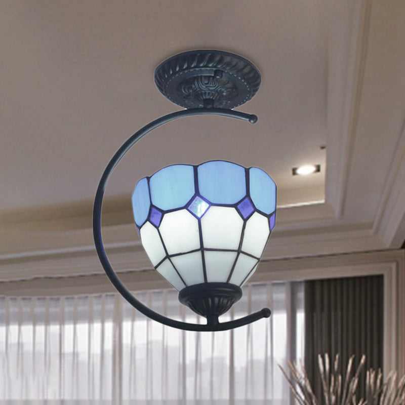 Bedroom Grid Dome Semi Flushmount Light Art Glass 1 Light Tiffany Classic Ceiling Lamp in Sky Blue/Blue Clearhalo 'Ceiling Lights' 'Close To Ceiling Lights' 'Close to ceiling' 'Glass shade' 'Glass' 'Semi-flushmount' 'Tiffany close to ceiling' 'Tiffany' Lighting' 252518