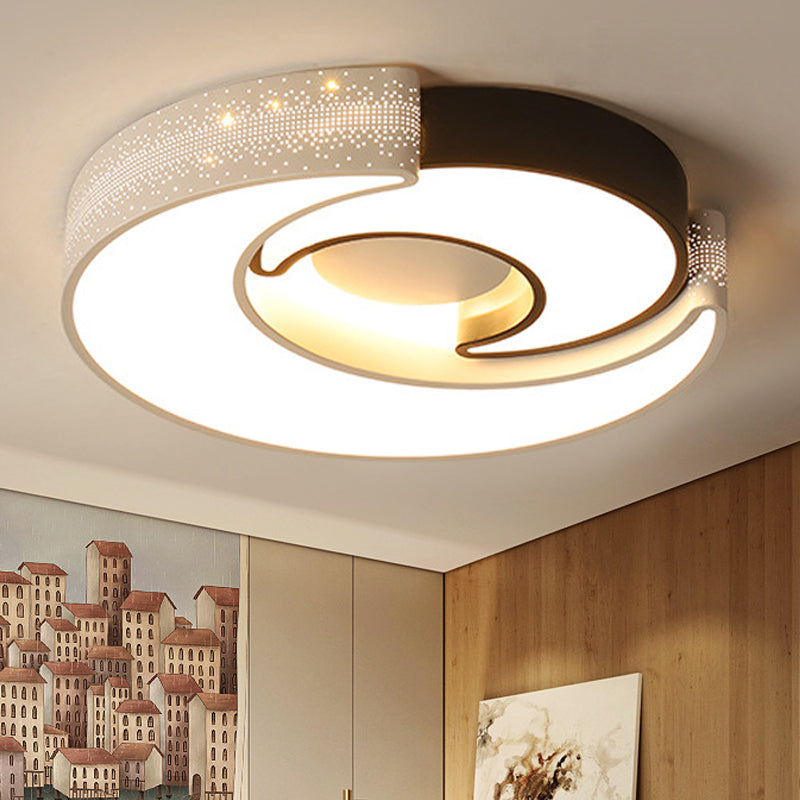 Modern 2-Moon Flush Ceiling Light Metal Acrylic Black & White LED Ceiling Lamp for Kid Bedroom Black Warm Clearhalo 'Ceiling Lights' 'Close To Ceiling Lights' 'Close to ceiling' 'Flush mount' Lighting' 252548