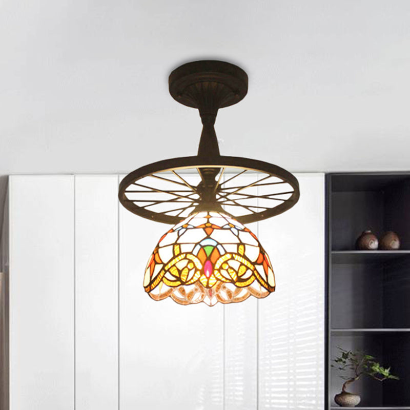 Tiffany Domed Semi Flush Mount Light with Wheel 1 Bulb Stained Glass Ceiling Light in Orange/Beige for Bedroom Clearhalo 'Ceiling Lights' 'Close To Ceiling Lights' 'Close to ceiling' 'Glass shade' 'Glass' 'Semi-flushmount' 'Tiffany close to ceiling' 'Tiffany' Lighting' 252553