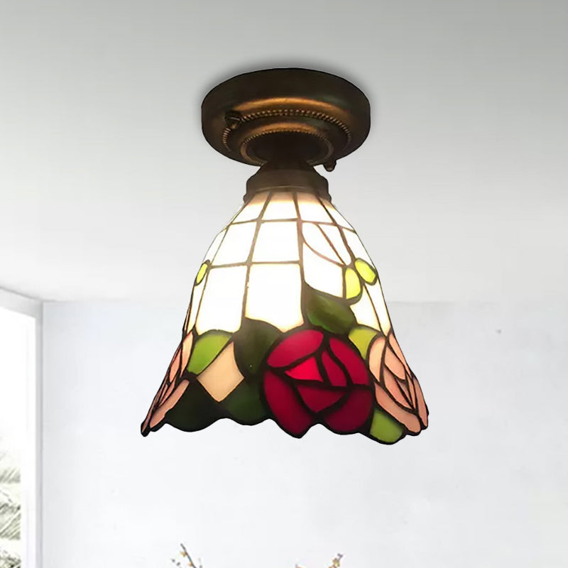 1-Head Flower/Bird/Phoenix Flower/Pink Rose/Red Rose Ceiling Mount Light Tiffany Rustic Stained Glass Ceiling Lamp in Black for Cloth Shop Black Red Rose Clearhalo 'Ceiling Lights' 'Close To Ceiling Lights' 'Close to ceiling' 'Flush mount' Lighting' 252593